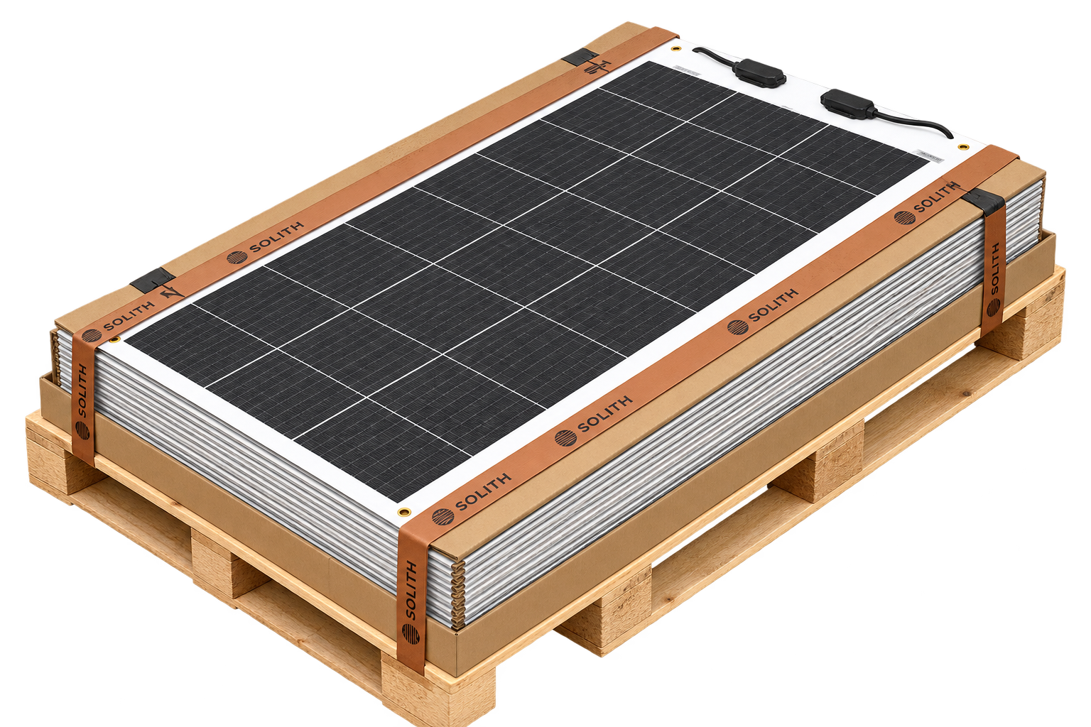 Paneles Energy Flex apilados en palé con cintas Solith