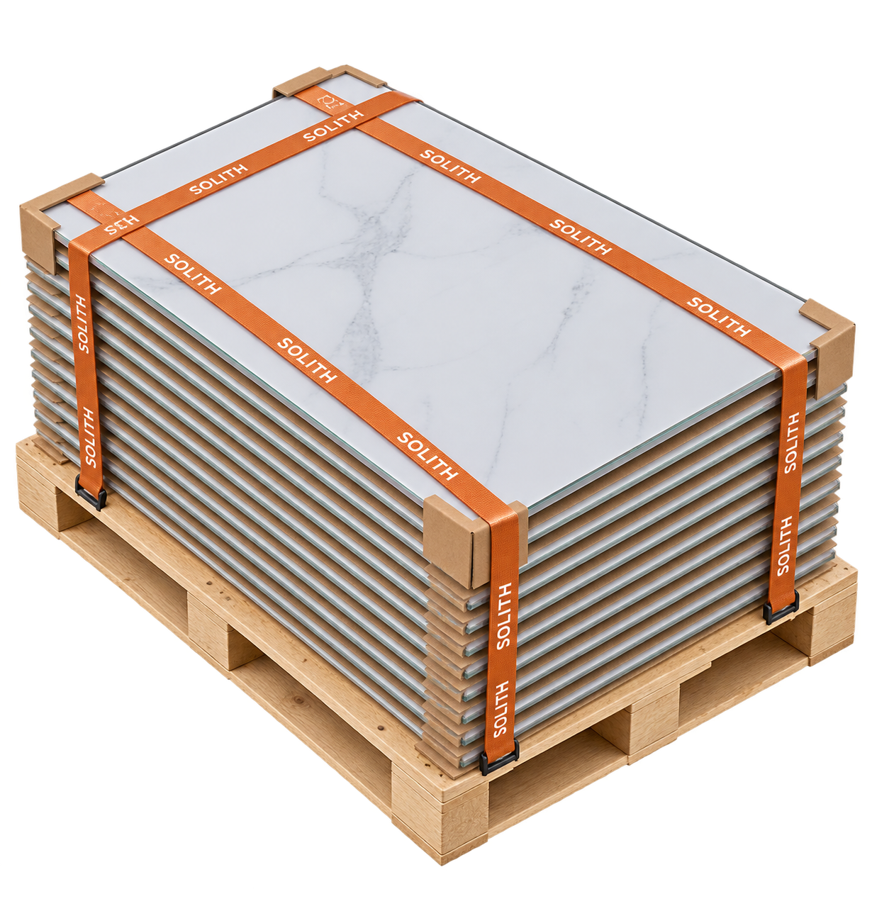 Paneles Energy Facade apilados en palé con cintas Solith