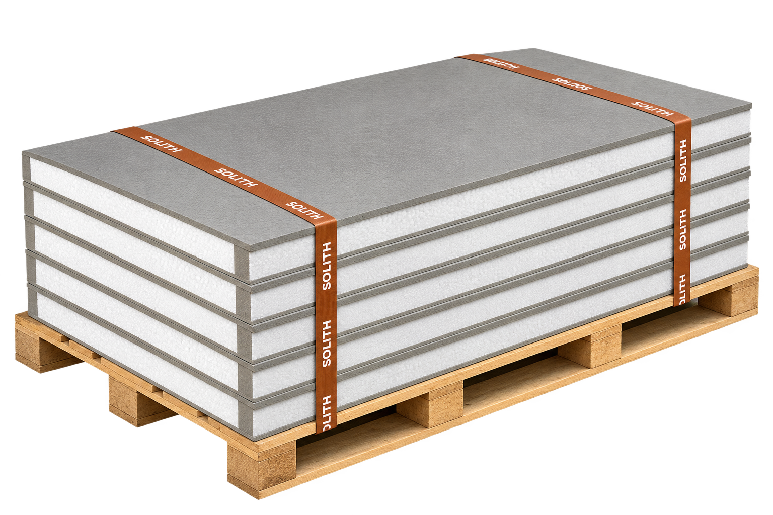 Paneles Living Panel FibroEPS A1 apilados en palé con cintas Solith