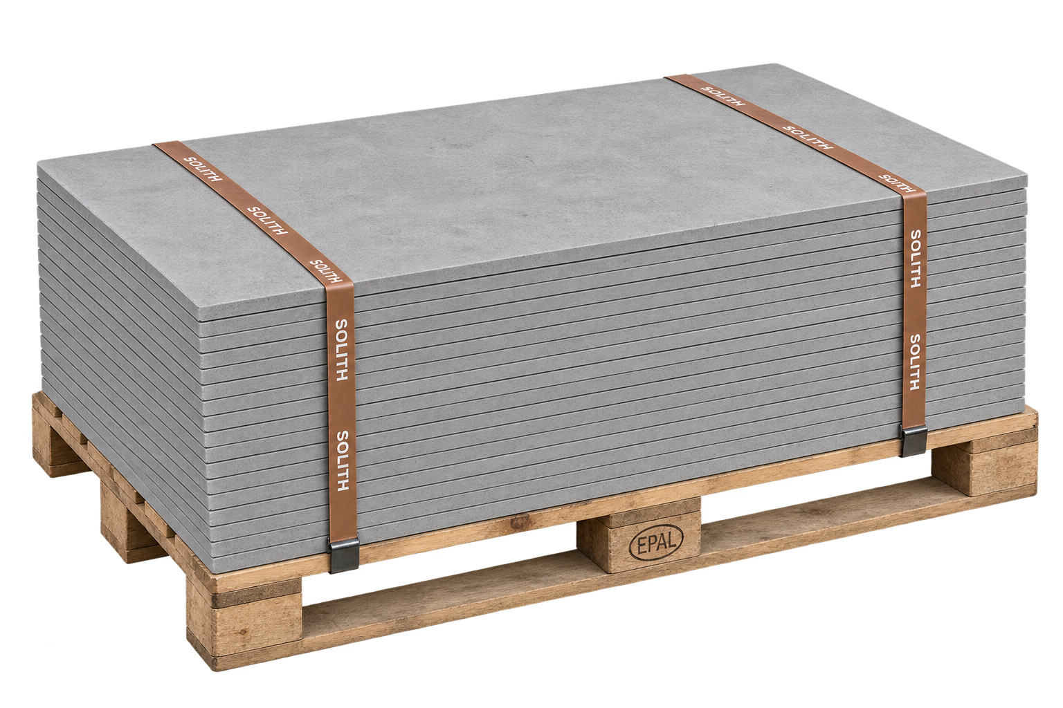 Paneles Living Floor A1 apilados en palé con cintas Solith