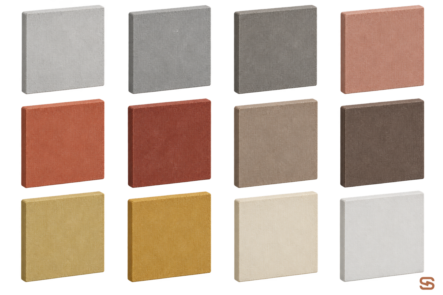 Doce muestras de Shield Cladding sin fondo: tres grises, rosa, dos rojos, dos cafés, dos amarillos, offwhite y blanco