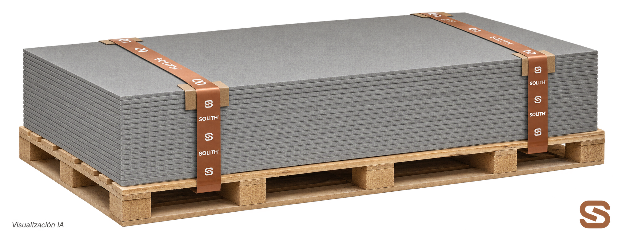 Visualización de placas grises Shield Cladding apiladas sobre un palé con cintas Solith