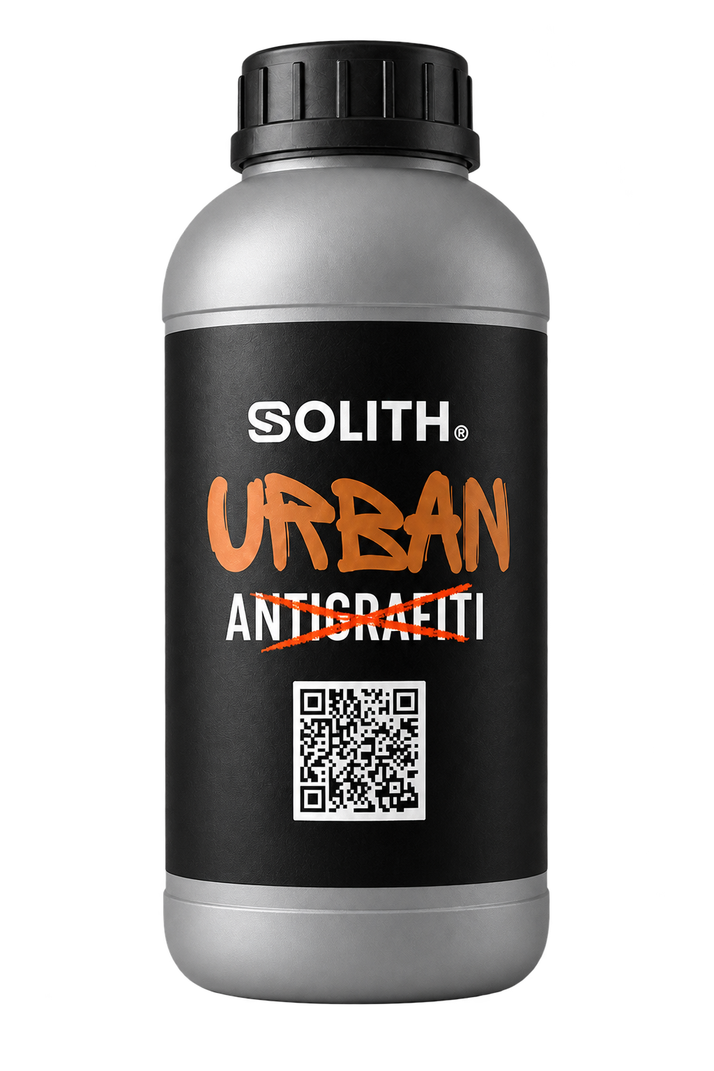 Botella Solith Urban Antigrafiti de color gris, con tapón negro y etiqueta negra y cobre